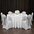 132" Pinchwheel Round Tablecloth - White | charger plate | wine goblet | dinner plate | chiavari chairs |