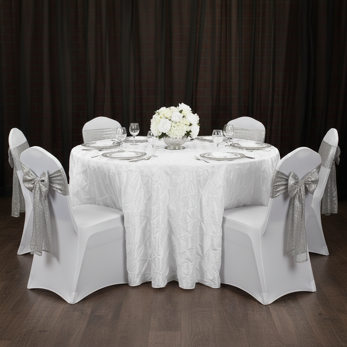 132" Pinchwheel Round Tablecloth - White | charger plate | wine goblet | dinner plate | chiavari chairs |