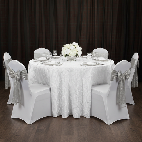 132" Pinchwheel Round Tablecloth - White | charger plate | wine goblet | dinner plate | chiavari chairs |