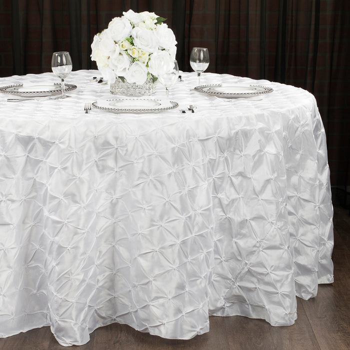 132" Pinchwheel Round Tablecloth - White | charger plate | wine goblet | dinner plate |