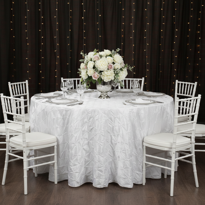 132" Pinchwheel Round Tablecloth - White | charger plate | wine goblet | dinner plate | chiavari chair |