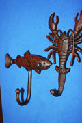 2) Crawfish Towel Hooks Red Bronze Look Cast Iron Fish Wall Hooks