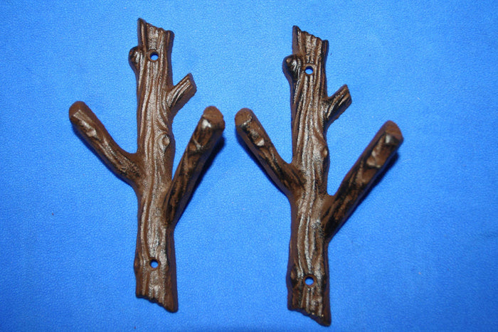 2) Forest Theme Bath Decor, Tree Branch Towel Hooks, Cast Iron, 7 1/2" tall, Volume Priced, H-42