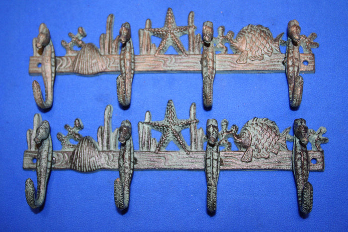 2) Ocean Theme Bathroom Decor ~ Towel Hooks Bar Cast Iron 11 1/4" long, Antique Style Bronze-look, Set of 2 ~ H-32