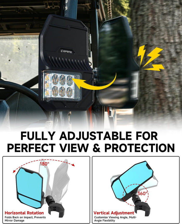 2026 Xprite UTV Side Mirrors w/LED Spot Lights, Amber Signals & Puddle Lights For Pro-Fit Roll Cage