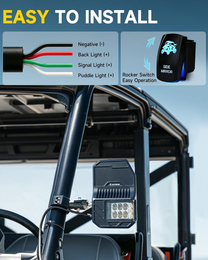 2026 Xprite UTV Side Mirrors w/LED Spot Lights, Amber Signals & Puddle Lights For Pro-Fit Roll Cage