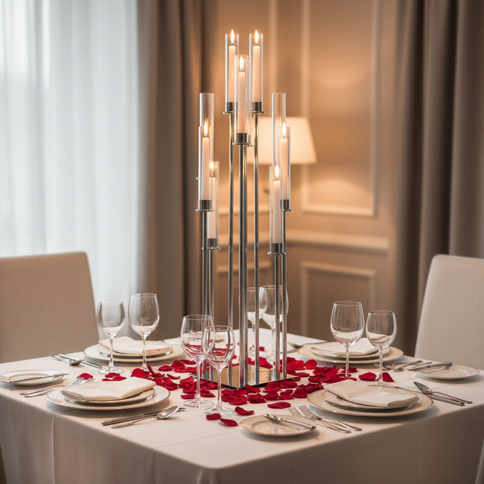 48" Tall 10 Arm Candle Holder Candelabra Centerpiece - Silver | tablecloth | dinner plate | charger plate | napkin | wine goblet |