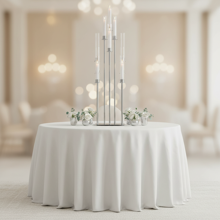 48" Tall 10 Arm Candle Holder Candelabra Centerpiece - Silver | tablecloth |