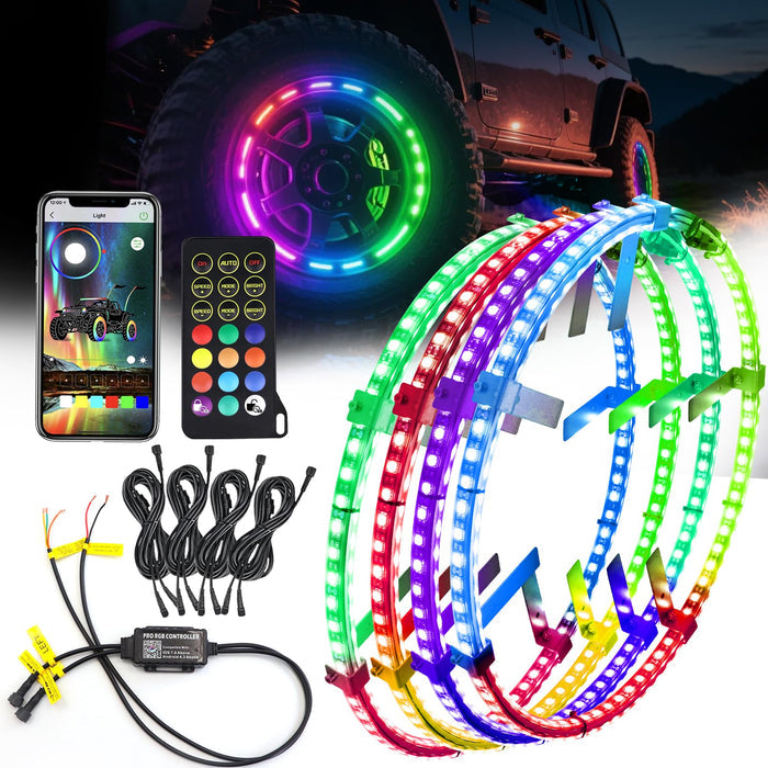 4PCS 17" Double Sided RGB LED Wheel Ring Lights with APP & Remote Control
