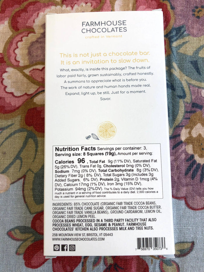 85% Organic Dark Chocolate w/ Cardamom & Lemon