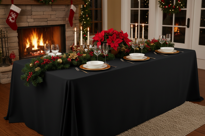 christmas dinner with 90"x132" Rectangular Premium Polyester Tablecloth (Square Corners) - Black