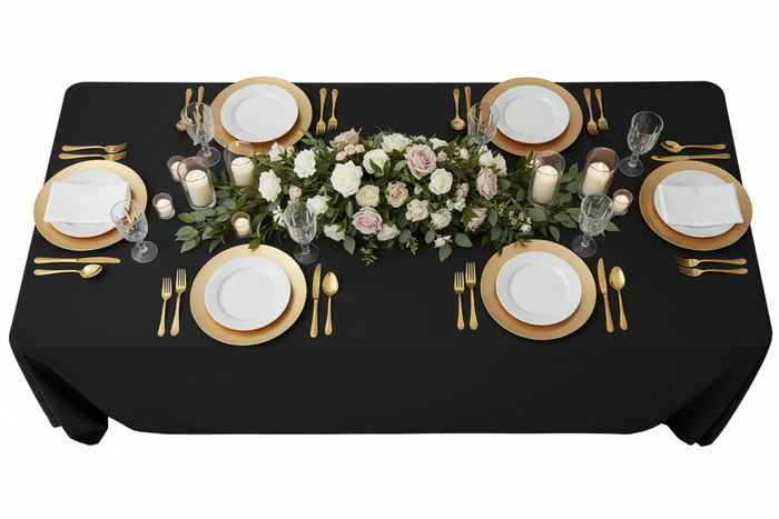 top view setup with 90"x132" Rectangular Premium Polyester Tablecloth (Square Corners) - Black