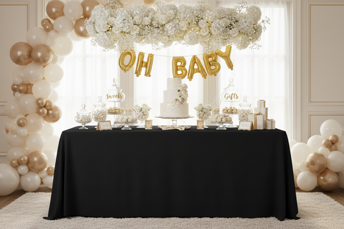 indoor baby shower setup with 90"x132" Rectangular Premium Polyester Tablecloth (Square Corners) - Black