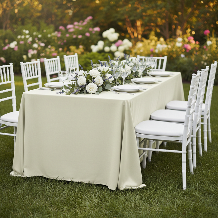 90"x132" Rectangular Premium Polyester Tablecloth (Square Corners) - Light Ivory/Off White