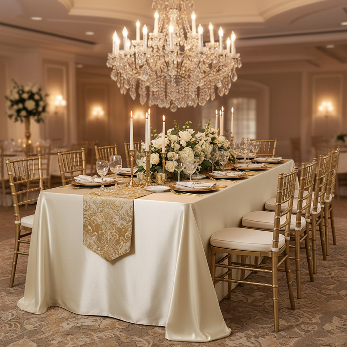 90"x156" Rectangular Satin Tablecloth - Champagne with Gold Chiavari Chairs.