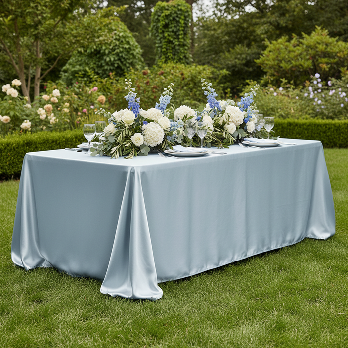 90"x156" Rectangular Satin Tablecloth - Dusty Blue | white charger and dinner plate | flower premade runner | wine goblet