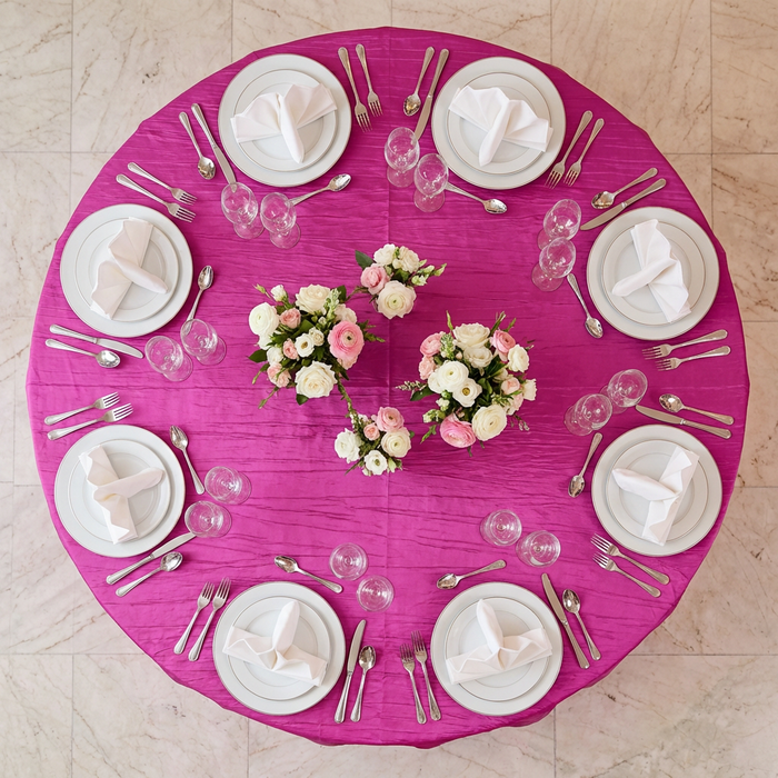 birds eye view of the Accordion Crinkle Taffeta Round Tablecloth Fuchsia