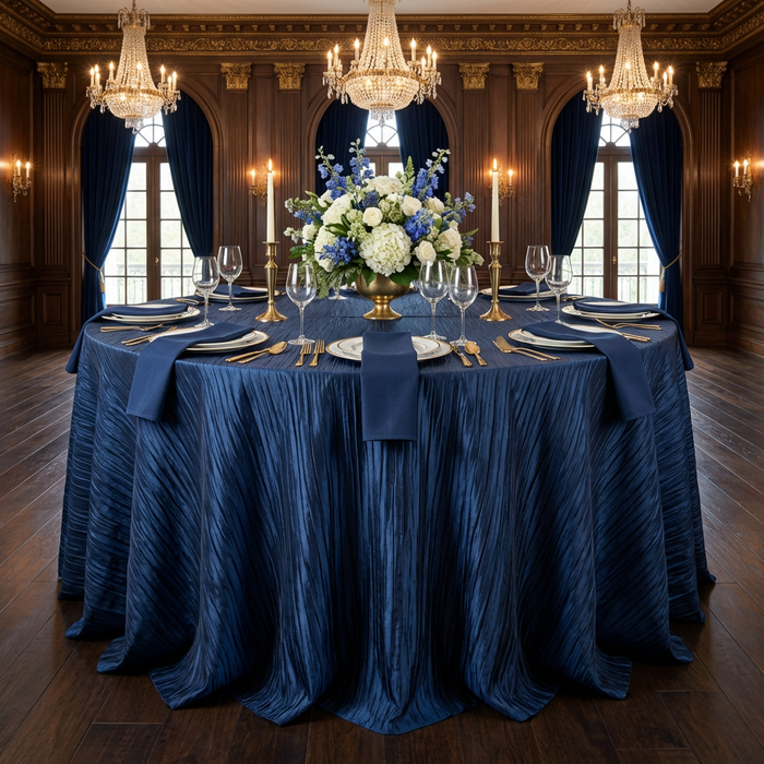 Accordion Crinkle Taffeta 120" Round Tablecloth - Navy Blue - CV Linens