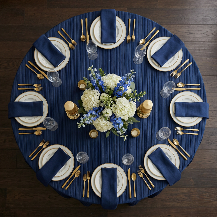 Accordion Crinkle Taffeta 120" Round Tablecloth - Navy Blue - CV Linens