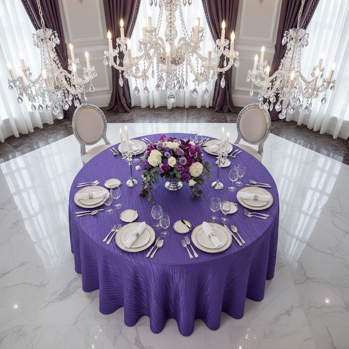 Accordion Crinkle Taffeta 120" Round Tablecloth - Purple with Oval Chairs.