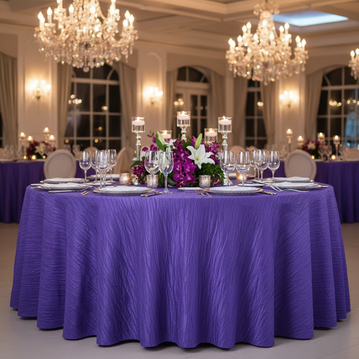 Accordion Crinkle Taffeta 120" Round Tablecloth - Purple in Luxurious Reception.