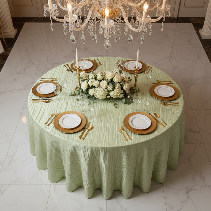 Accordion Crinkle Taffeta 120" Round Tablecloth - Sage Green in Indoor Reception.