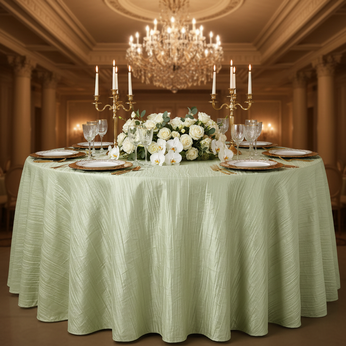 Accordion Crinkle Taffeta 120" Round Tablecloth - Sage Green in Indoor Reception.