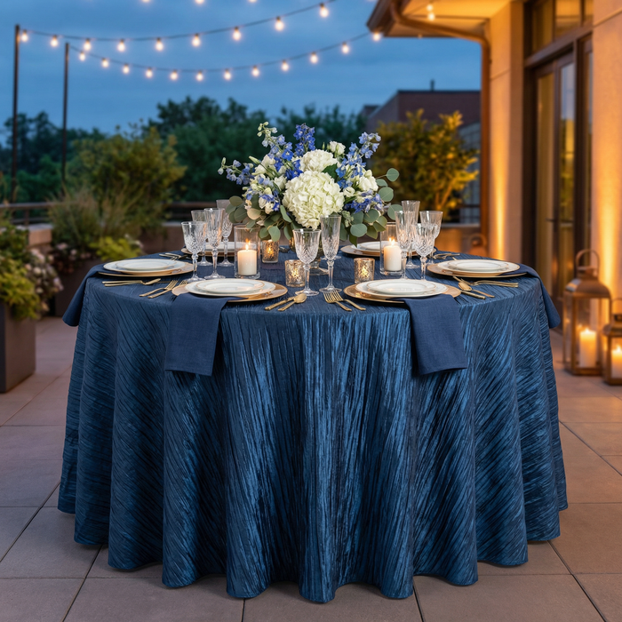 Accordion Crinkle Taffeta 132" Round Tablecloth - Navy Blue - CV Linens