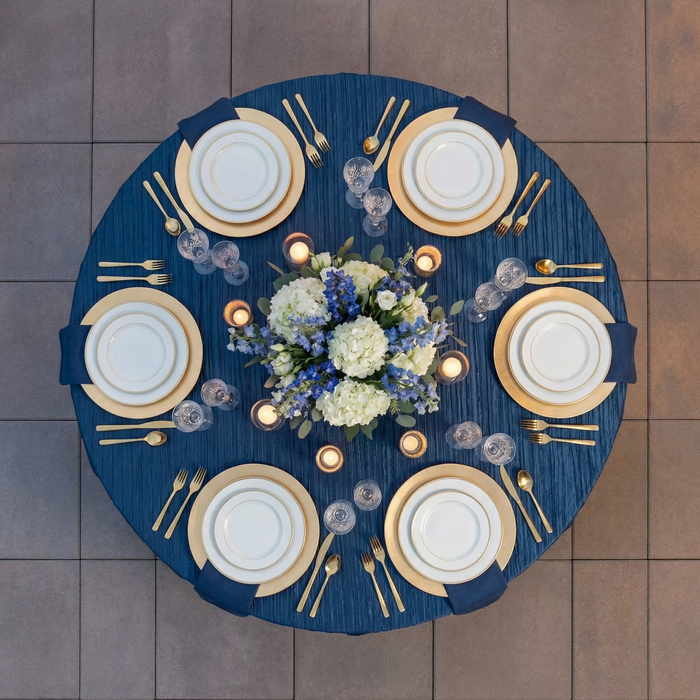 Accordion Crinkle Taffeta 132" Round Tablecloth - Navy Blue - CV Linens