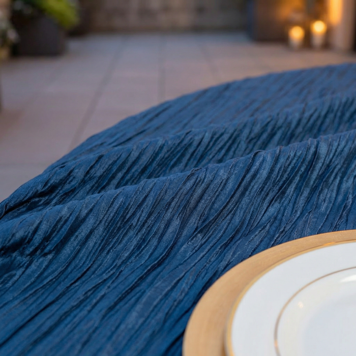 Accordion Crinkle Taffeta 132" Round Tablecloth - Navy Blue - CV Linens