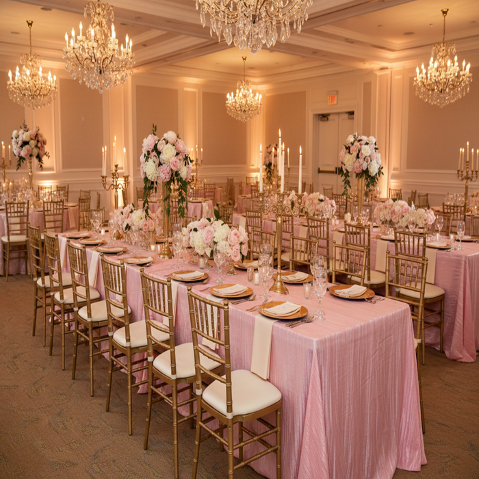 wedding reception with Accordion Crinkle Taffeta 90"x132" Rectangular Tablecloth - Pink
