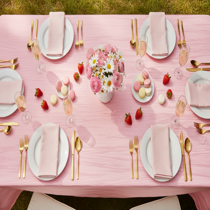 top view garden brunch with Accordion Crinkle Taffeta 90"x132" Rectangular Tablecloth - Pink