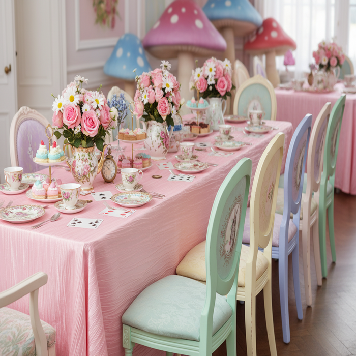 alice in wonderland themed birthday celebration with Accordion Crinkle Taffeta 90"x132" Rectangular Tablecloth - Pink