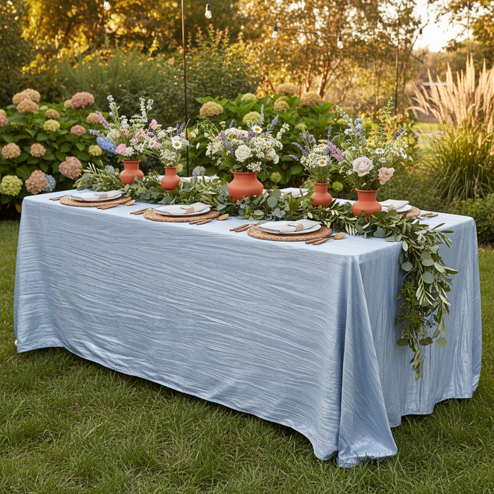 Accordion Crinkle Taffeta 90"x156" Rectangular Tablecloth - Dusty Blue | flower premade runner | charger plate |