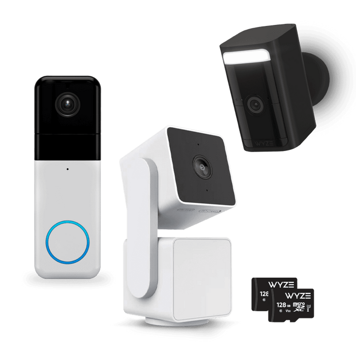 A white Wyze device with a camera and microphone, labeled "Apartment Enhanced Kit" by Wyze Labs.