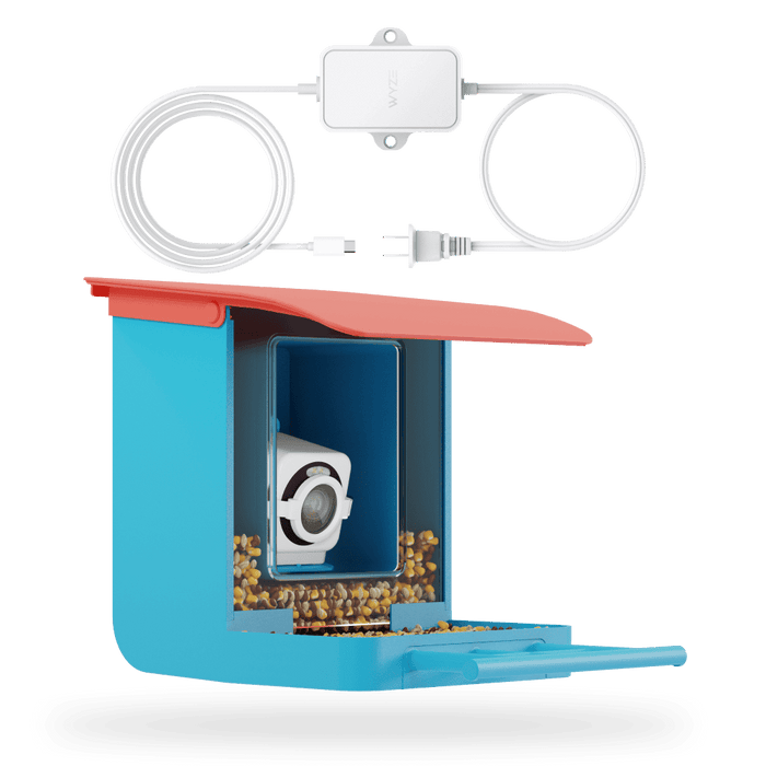 Wyze Bird Feeder Cam v4 Bundle: A blue bird feeder with a camera inside.