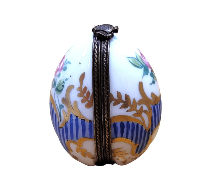 Blue Striped Egg Box for Collectors, hand-painted Limoges porcelain made in France