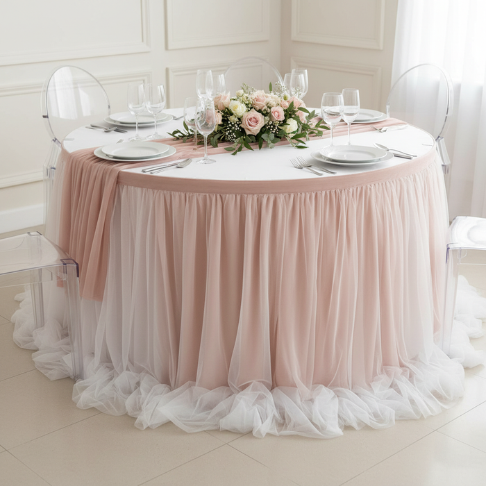 Chiffon Tulle Table Skirt Extra Long 17ft - Blush/Rose Gold.