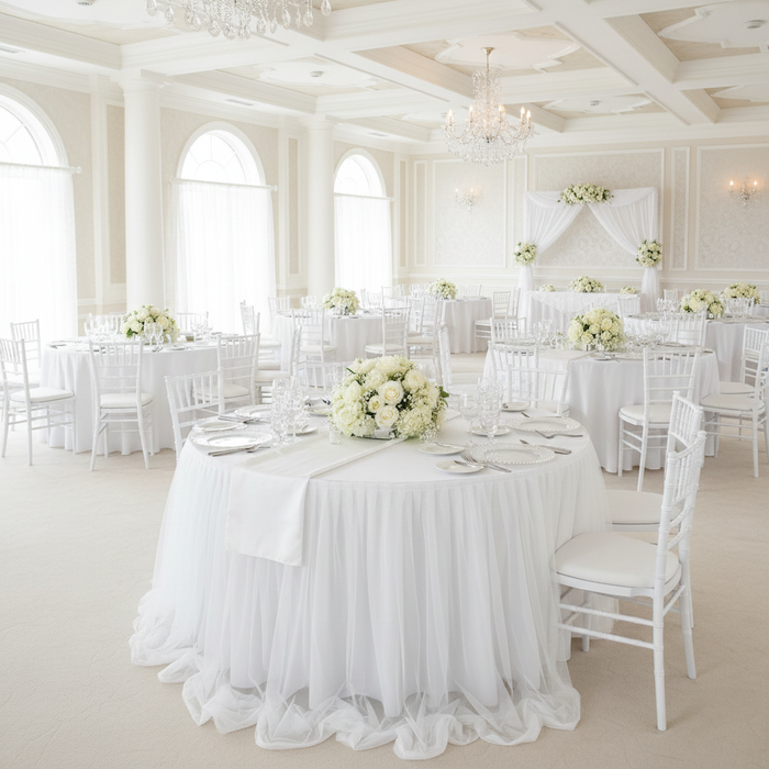Chiffon Tulle Table Skirt Extra Long 57" x 14ft - White.