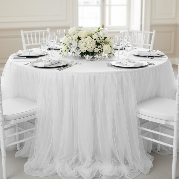 Chiffon Tulle Table Skirt Extra Long 57" x 14ft - White.