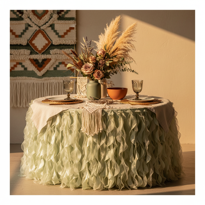 Curly Willow 17ft Table Skirt - Sage Green | overlay | placemat | dinner plate | wine goblet |