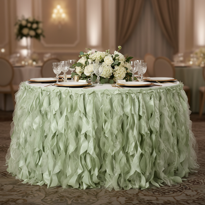 Curly Willow 17ft Table Skirt - Sage Green | charger plate | tablecloth | dinner plate | wine goblet |