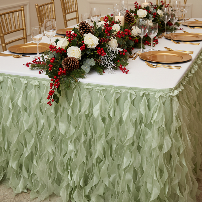 Curly Willow 17ft Table Skirt - Sage Green | charger plate | tablecloth | flower premade runner | wine goblet |