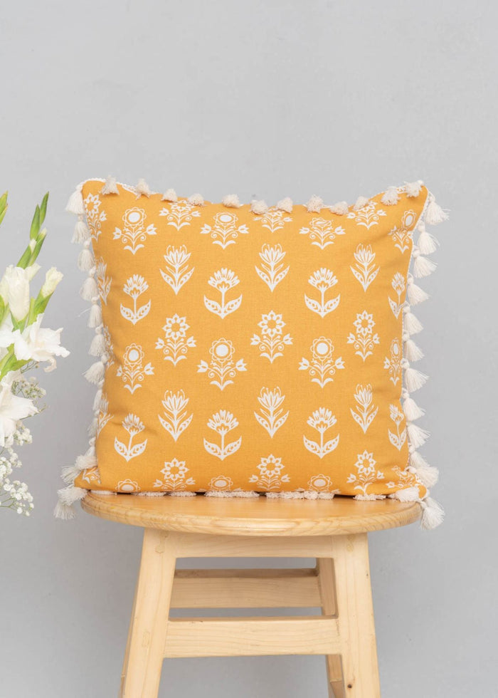 Dahlia Printed 100% cotton floral cushion cover for sofa with tassels - Mustard