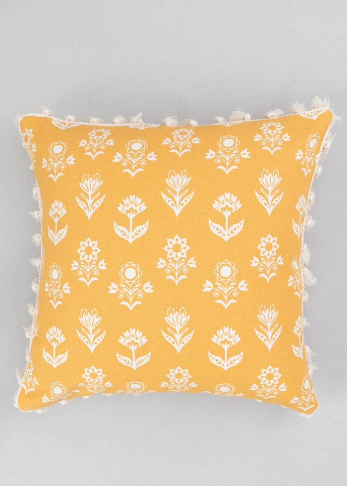 Dahlia Printed 100% cotton floral cushion cover for sofa with tassels - Mustard
