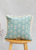 Dahlia Printed 100% cotton floral cushion cover for sofa with tassels - Nile Blue