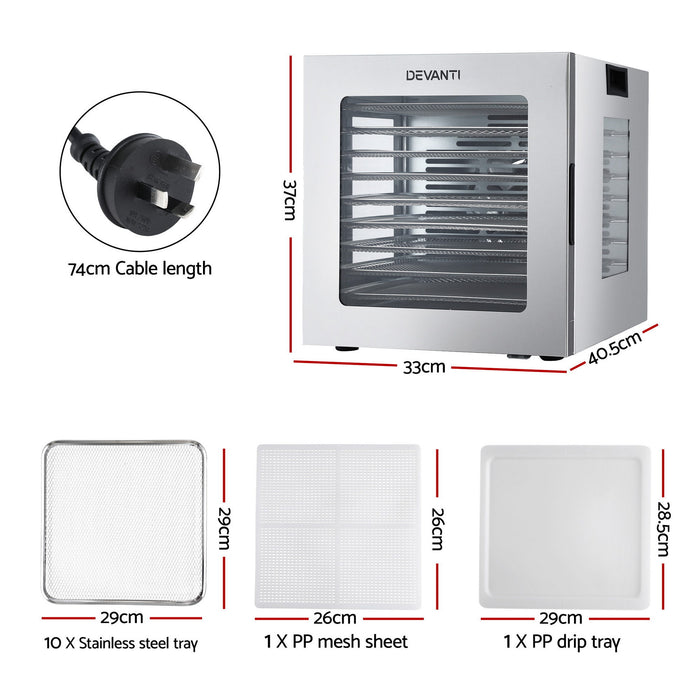 Devanti 10 Trays Food Dehydrator Stainless Steel Visible Glass Door 850W - Devanti
