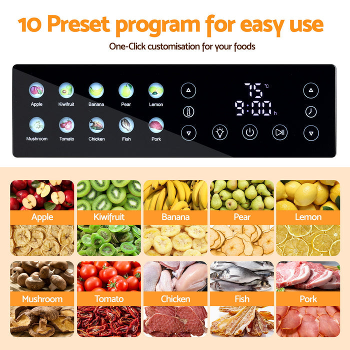 Devanti 10 Trays Food Dehydrator Stainless Steel Visible Glass Door 850W - Devanti