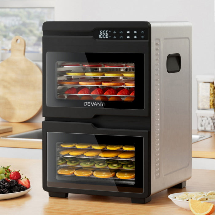 Devanti 12 Trays Food Dehydrator Dual-Zone Stainless Steel Fruit Jerky Dryer - Devanti
