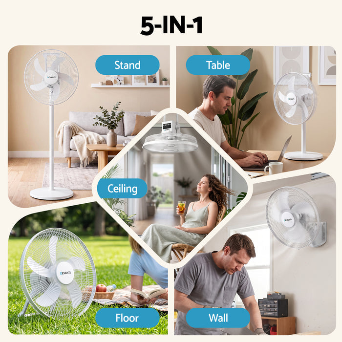 DEVANTI 16” 5-in-1 Rechargeable Fan for Pedestal Table Floor Wall Ceiling